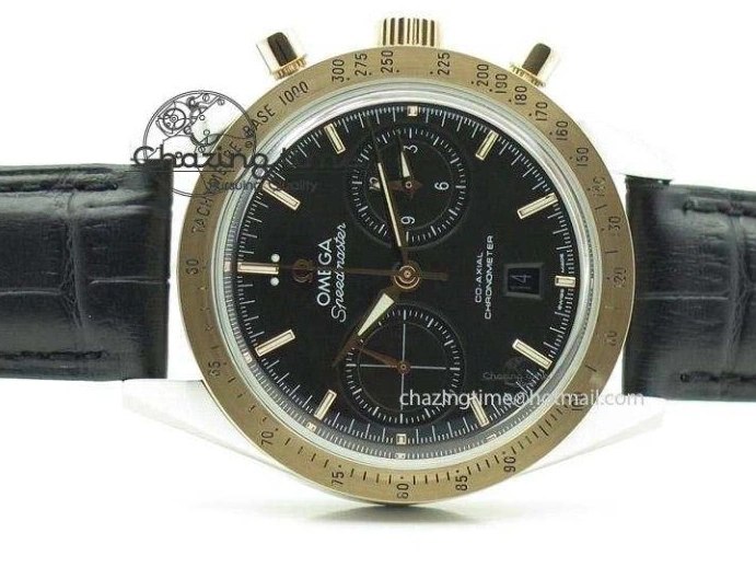 0517 Trendsetting Speedmaster ’57 SS Chrono AXF Best Edition RG Bezel Black Dial on Black Leather Strap A 8283